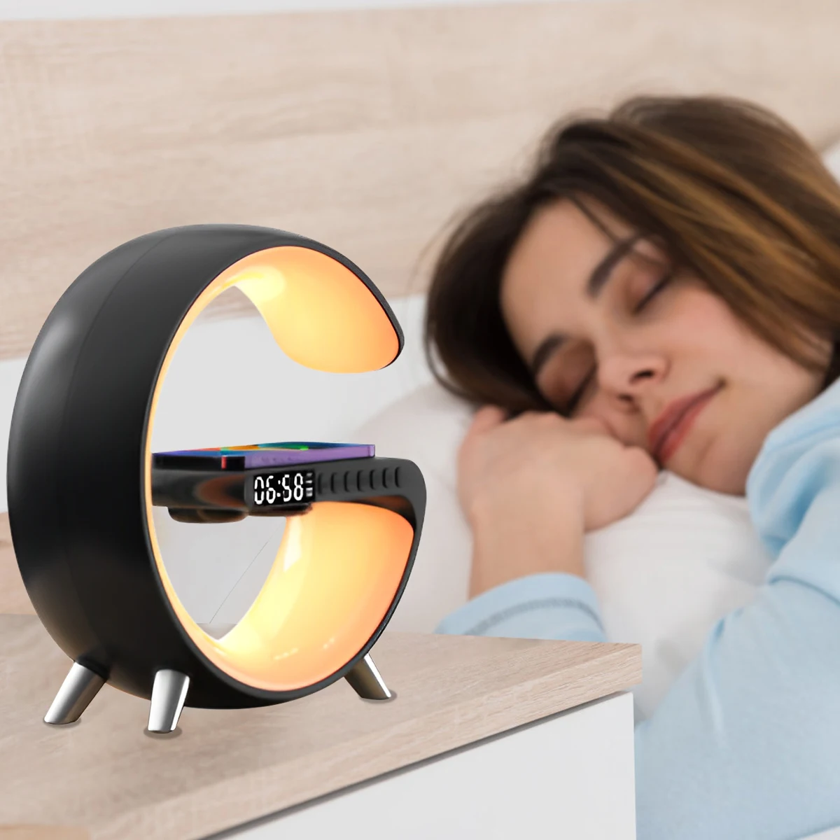 Luz noturna para decoração de casa, estação de carregamento sem fio multifuncional, despertador, alto-falante, controle por aplicativo, lâmpada rgb