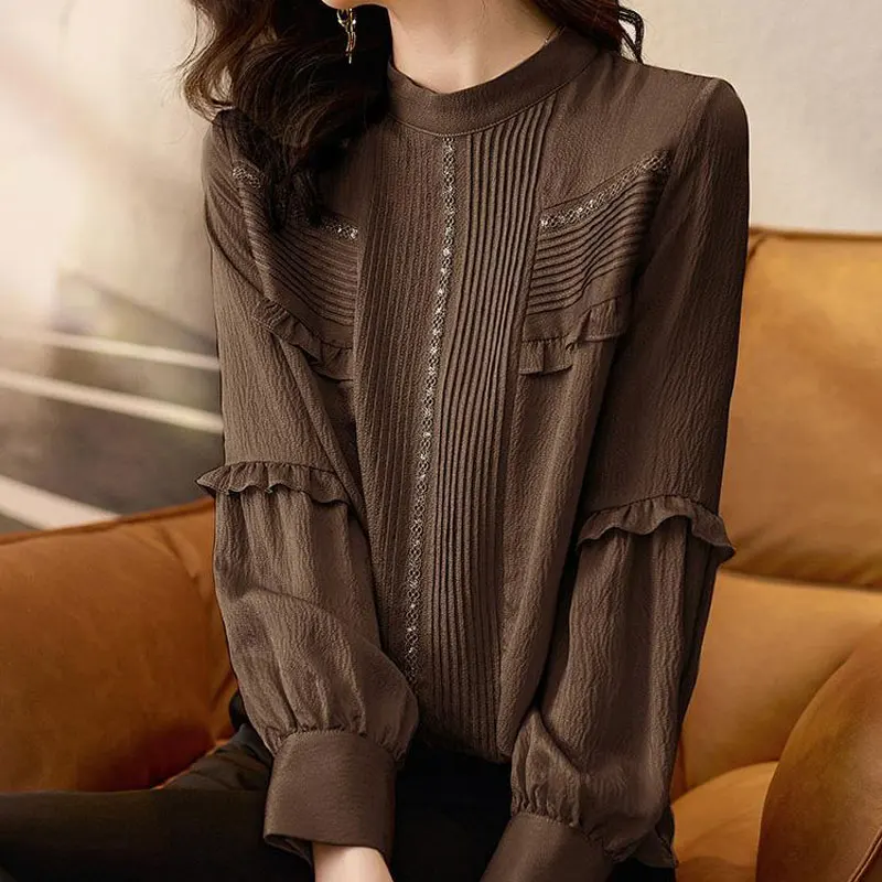 Mode Geplooid Kant Basic Shirt Lente Herfst Effen Kleur Kraag Dames Kleding Pendelen Koreaanse Ruches Gesplitste Blouse