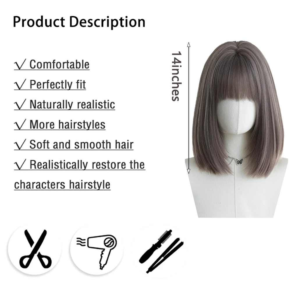 Fashion Straight Bob Wig For Asian Women Ash Gray Synthetic Hair With Bangs Versatile Wig For Daily Date Party Anime Cosplay Use