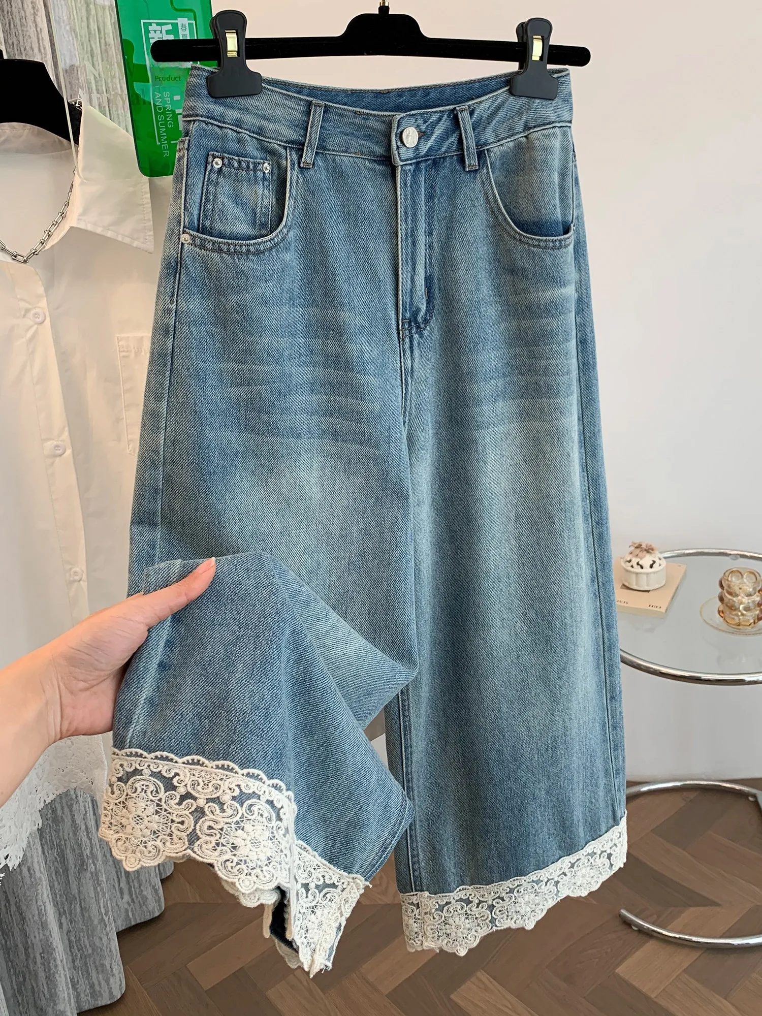 

Ele Lace Splice Wide Leg Jeans Women's Spring Summer Loose Drapey Straight Cut Eighteen Pants Trendy High Waist Button Cl...