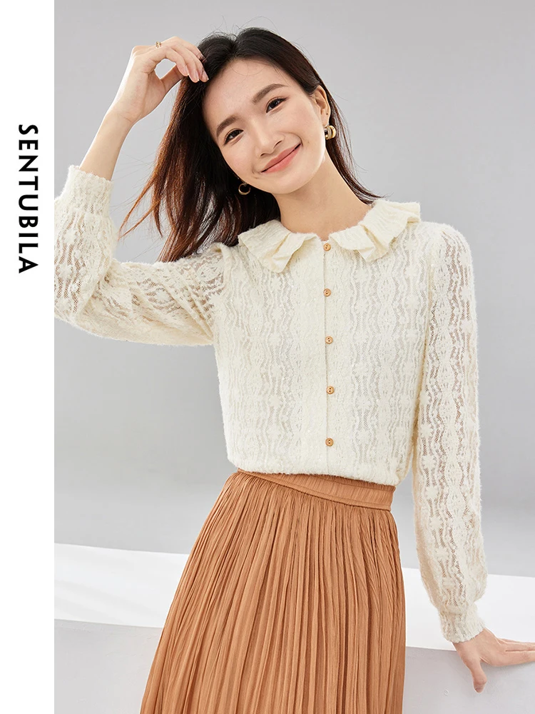 SENTUBILA Ruffled Sequins Lace Shirts for Women 2024 Spring Autumn Elegant Tops Comfortable Button Up Shirts Blouses 141S52756