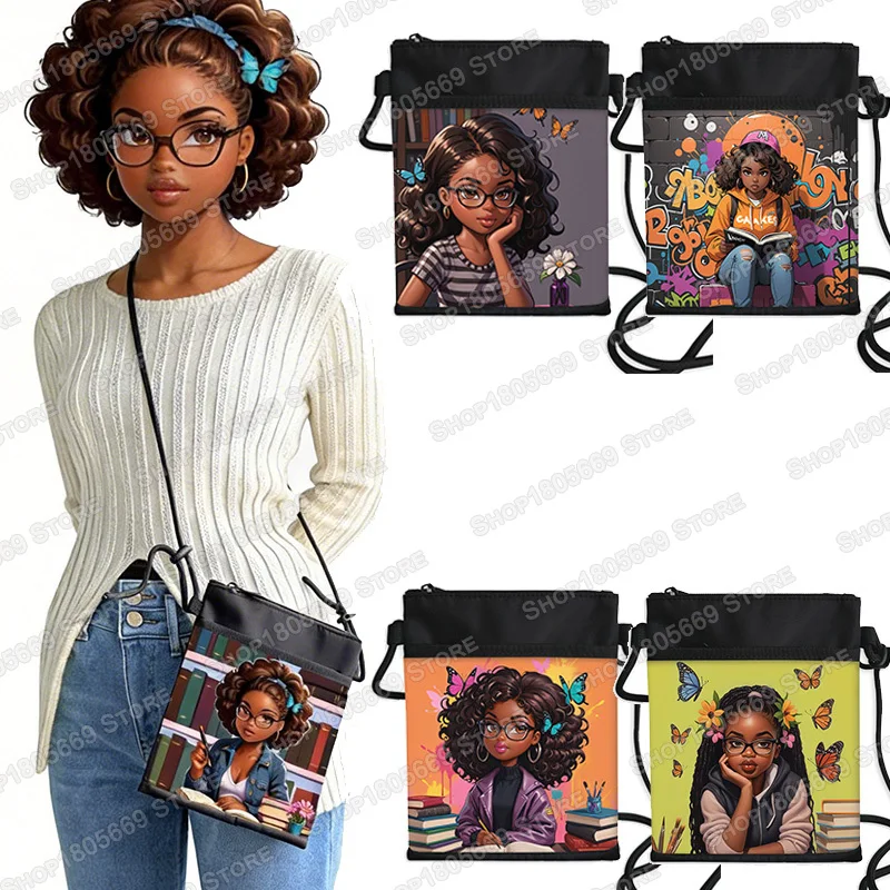 

Afro Black Girl King Reading Print Messenger Bags Butterfly and Flower Women Handbags Shoulder Bag Phone Keys Purse Holder