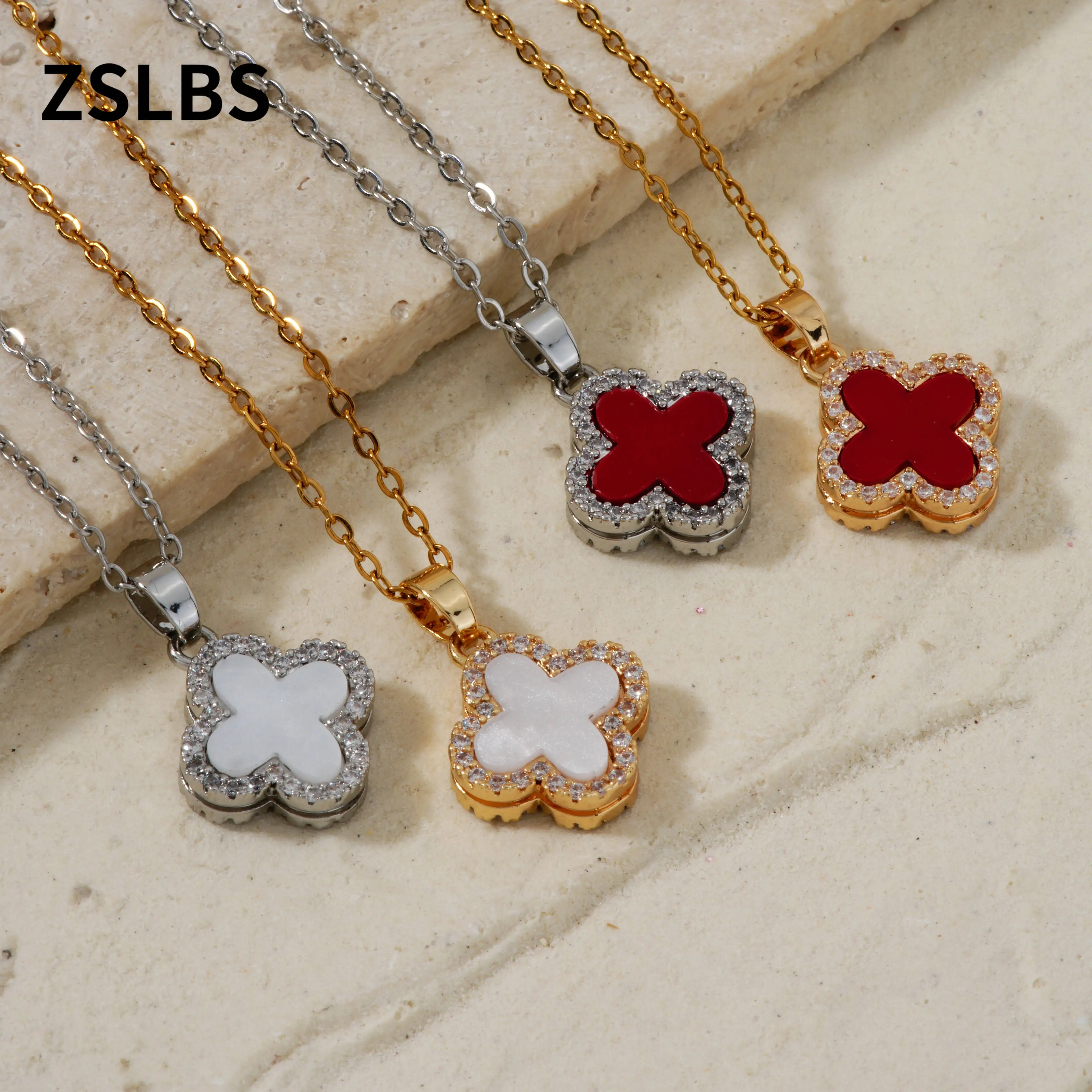 ZSLBS 1 piece light luxury simple double-sided four leaf flower shell pendant necklace, girlfriend and best friend gift