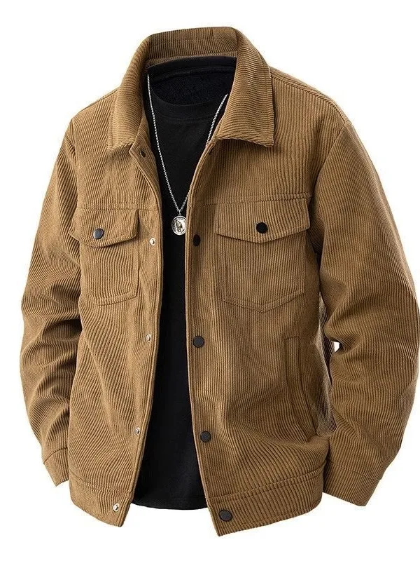 Corduroy Jacket Men's Trendy Vintage Multi-Pocket Workwear Outerwear Casual Style Long Sleeve Warmth Comfortable Fit Coat