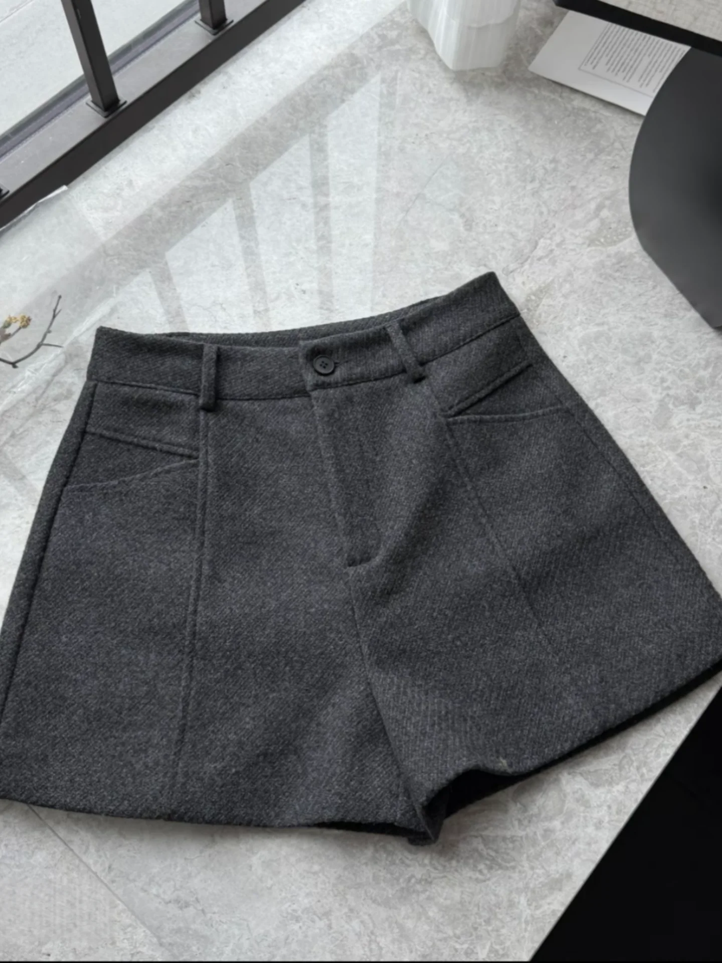 

High Waist A-Line Woolen Short Pants Casual Women's Bootcut Trousers with Pockets Slimming Straight Leggings Spring Fashion
