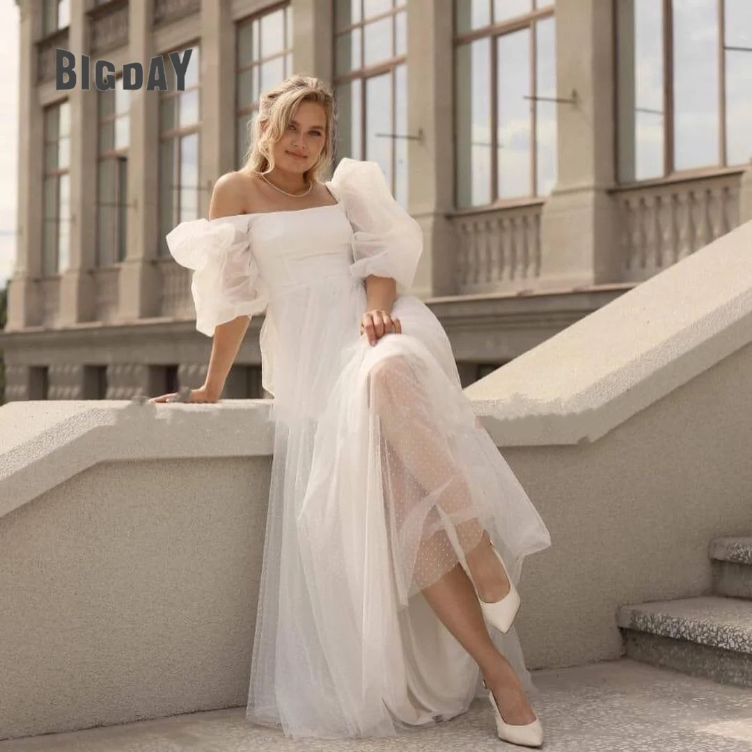 

Exquisite Wedding Dress For Woman A-Line Boat Neck Puff Sleeves Lace Up Bridal Gowns Tulle Floor Length Vestido de Novia Custom