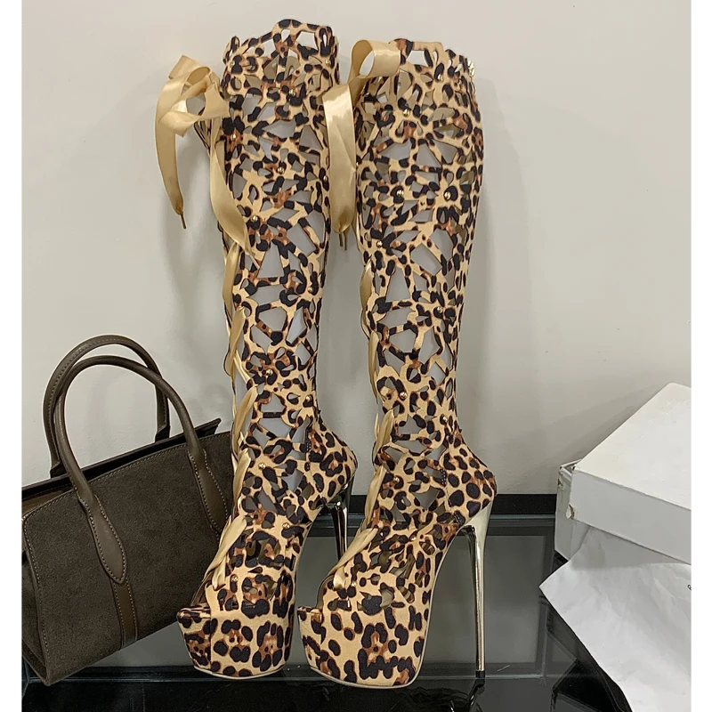 Eilyken Street Style Hollow Thin High Heels Women Knee-High Boots Sandals Zipper Shoes Sexy Stripper Zapatos De Muje