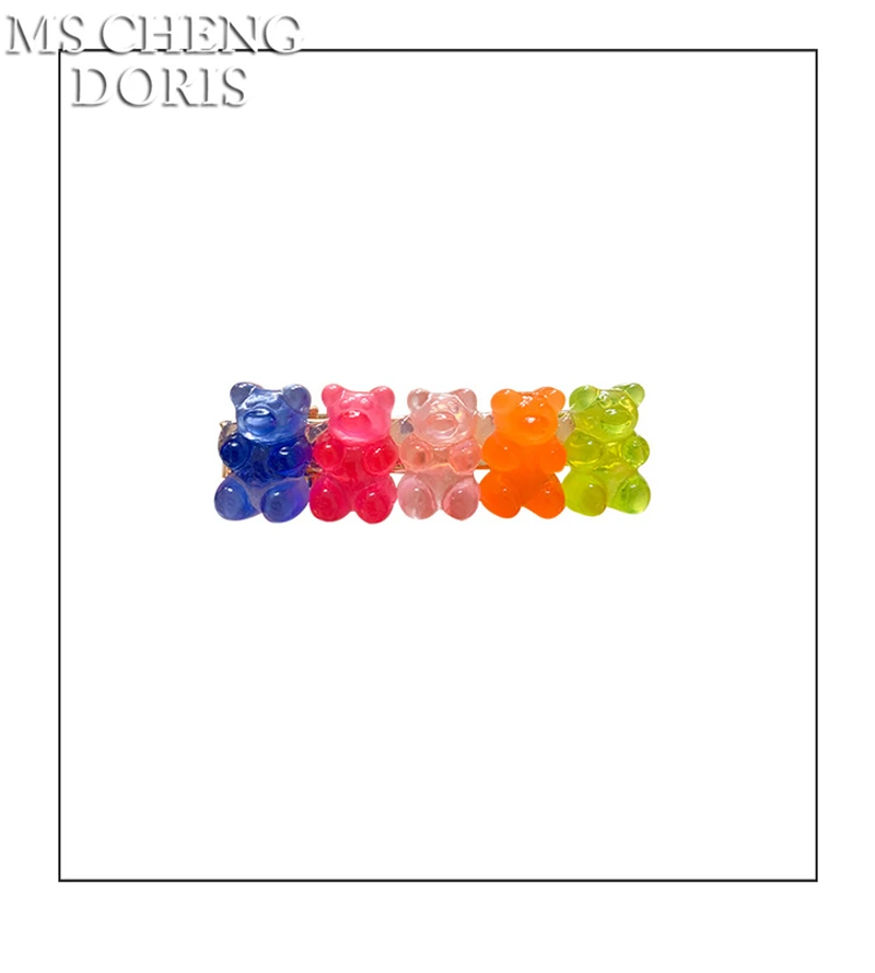 MSCHENGDORIS Candy Color Jelly Bear Hair Clip Women Girl Cartoon Transparent Bear Barrette Fashion Cute Resin Gummy Bear Jewelry