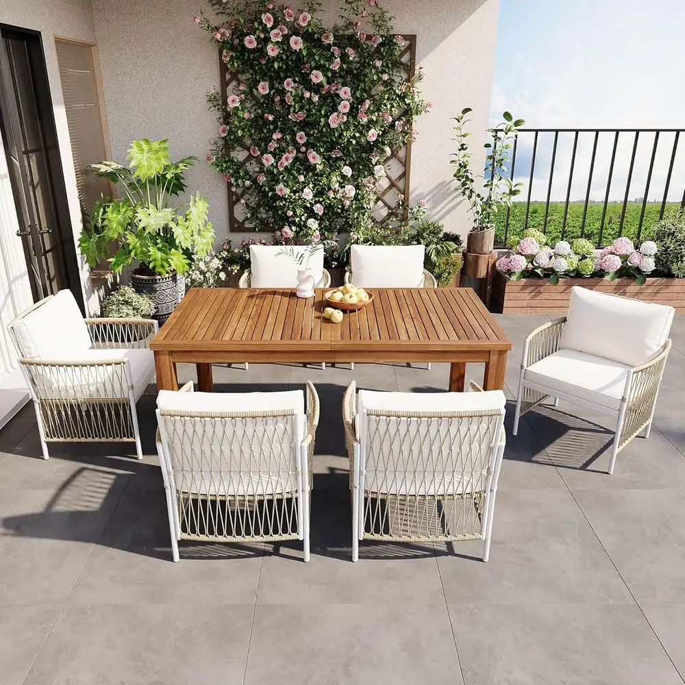 

67 Acacia Wood Outdoor Patio Dining Set with 6 Rattan Arm Chairs for Backyard, Balcony, Garden, Poolside (Natural)