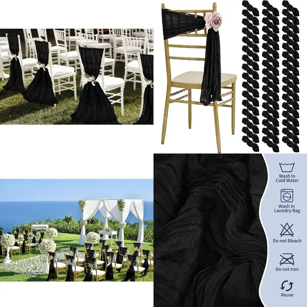 

50 Pack Black Cheesecloth Chair Sashes, 15.7 x 70 for Wedding and Party Chair Decorations