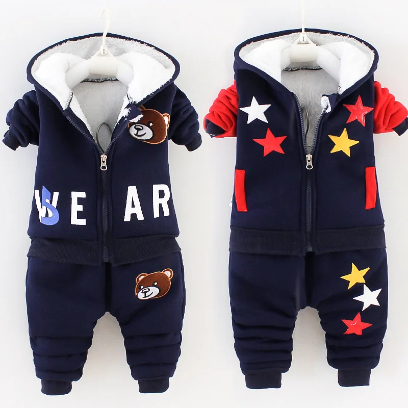 Baby PlushThickened Set Cartoon Bear Hooded zipper Jacket+Pants 2PCS Suit Children's Clothing Autumn Winter Boys Cotton Set 0-5Y