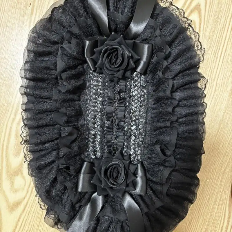 ダークシリーズのデザインと大きなちょう結びのエレガントなボンネットハット、女性のテーマパーティーやハロウィン用の編まれたストローレースハット-y166