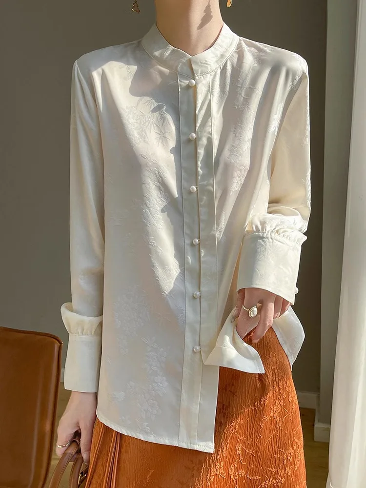 Silk Satin Long Sleeve Shirt Women's New Chinese Style Button Vinegar Acetate Stand Collar National Style Floral Embroidery R...