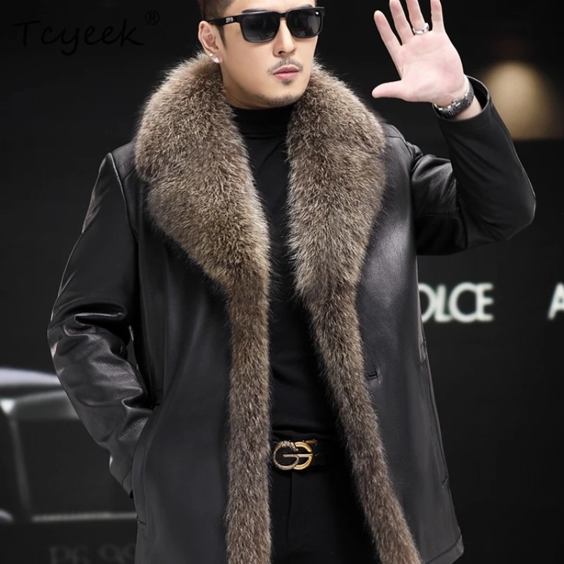 

Tcyeek верхний слой пальто из козьей кожи мужская одежда зимняя куртка с подкладкой из меха енота мужские пальто средней длины куртка из натуральной кожи 2025