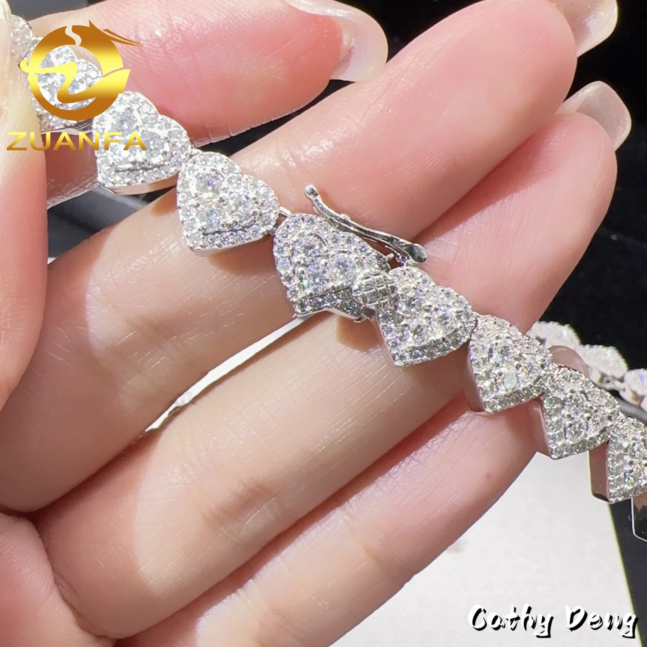 Sale Hot 925 Sterling Silver 8mm Moissanite Heart Design Women Men Fashion Hip Hop Iced Out Cuban Link Chain Bracelet Set.