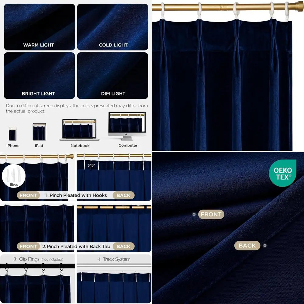 

Плиссированные шторы Royal Blue Velvet, 40 Вт x 108 л, комплект из 2 панелей для гостиной, спальни, затемняющие шторы с регулируемыми крючками