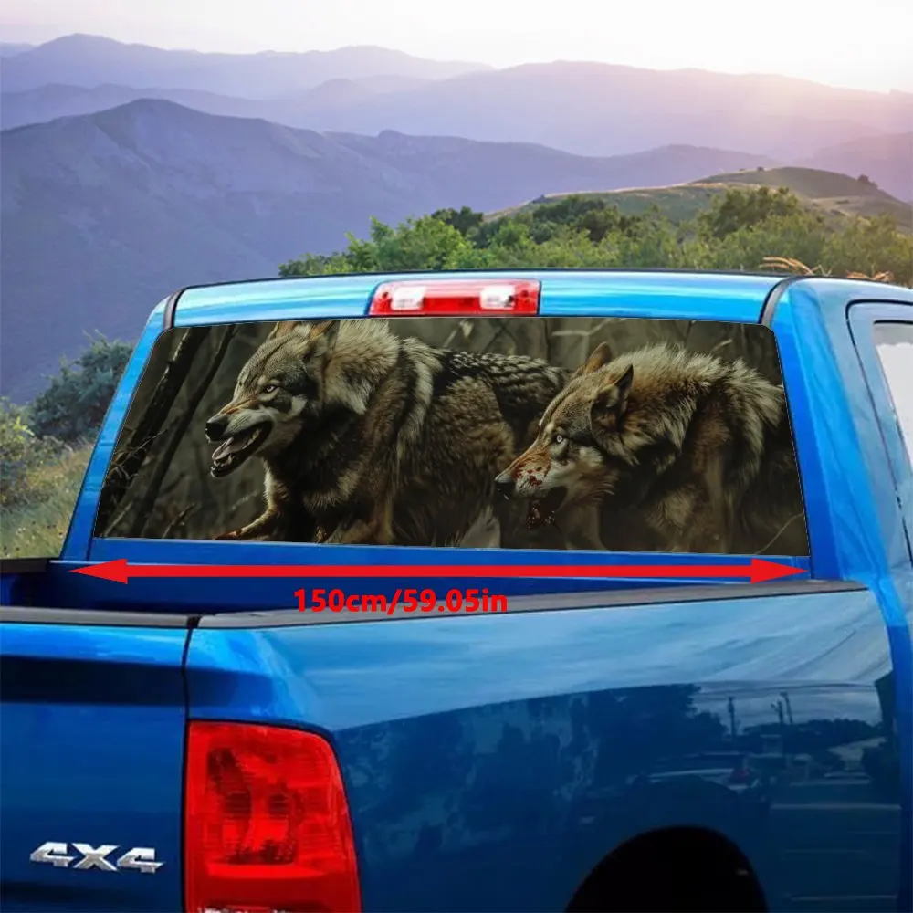 Wolf Running in Primitive Forest Car Rear Windshield Sticker Truck Window See Through Perforated Back Window Vinyl Decal Decor