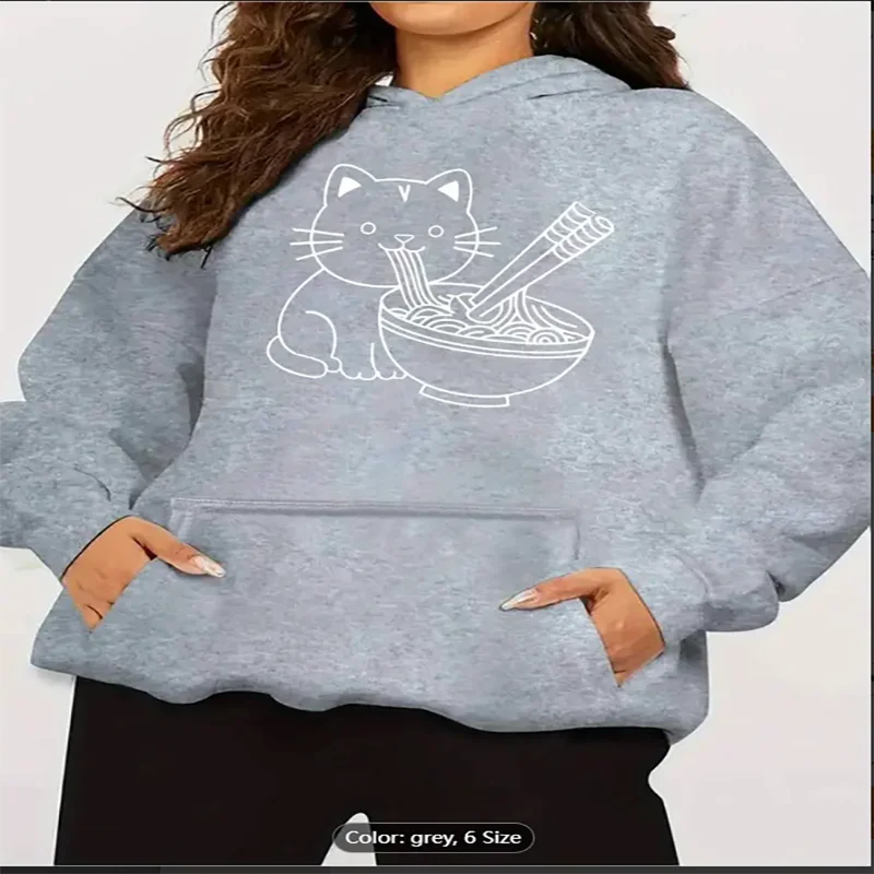 

Womens Cat Eating Ramen Print Fleece Lined Hooded Sweatshirt Cozy Casual Pullover Front Pocket Machine Washable Season Comfort