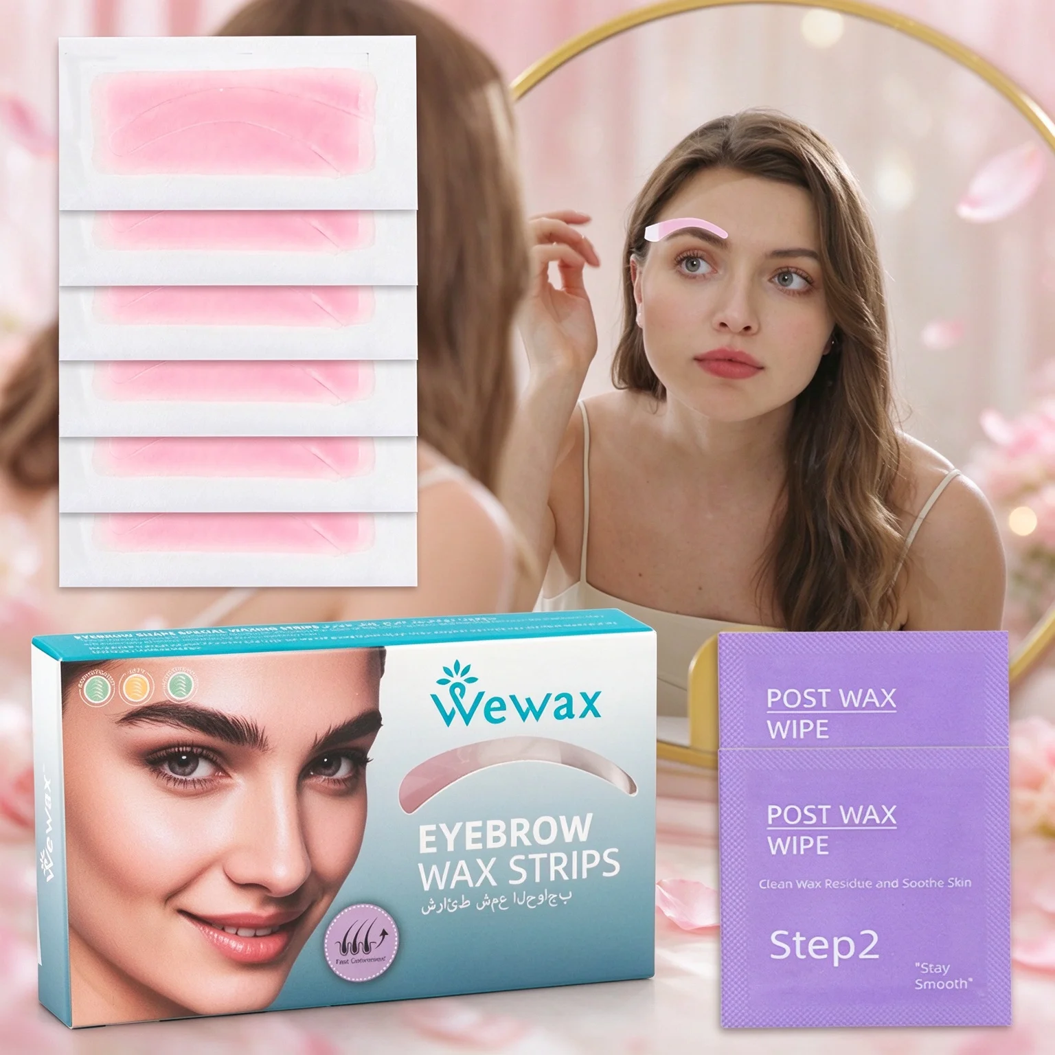 WEWAX Eyebrow Wax Strips Kit 12pcs Double-Sided Hair Removal Waxing Strips for Face And Brows, Painless And Gentle Formula for Sensitive Light Beige, Precise Shaping, Includes 2 Wipes, Travel-Friendly