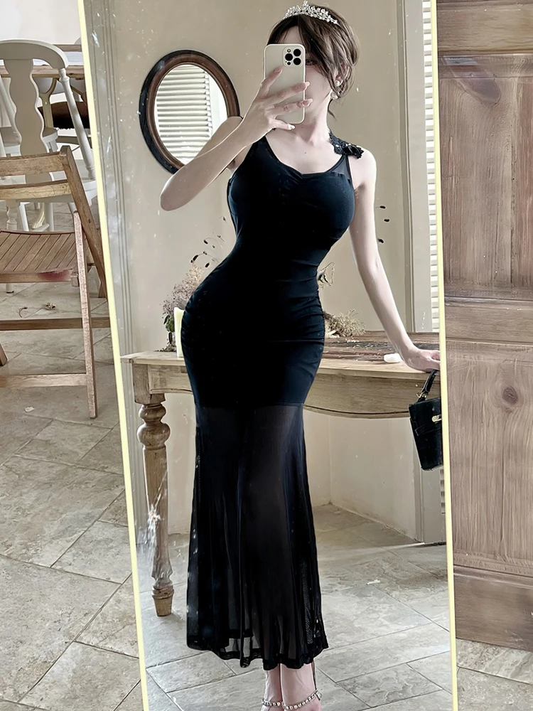 2025 noir Patchwork maille pure Sexy longue robe d'été élégant Chic dentelle fronde robe femmes coréen Vintage luxe robes de soirée
