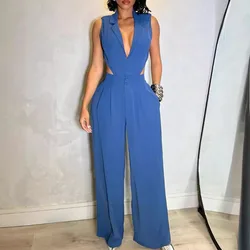 2024 Spring Summer New Women's Clothing Dark Blue Sleeveless Lapel Deep V-neck Waist-Baring Slim Fit Wide Leg Jumpsuit