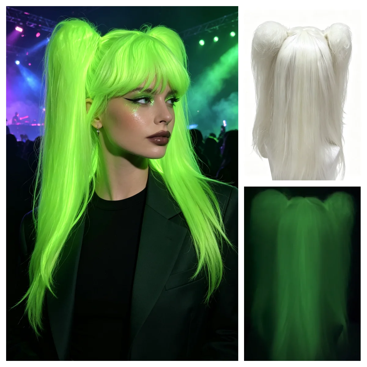 Anxin Brand Synthetic Fiber Wigs: Luminous Fiber, White Straight Long Hair with Bangs and Double Ponytails, Suitable for Y2K Outfits, Cosplay, Stage Performances, Halloween Costumes, Glow-In-The-Dark Parties, Electronic Music Festivals, and Women's Costumes. Machine-Made Wigs