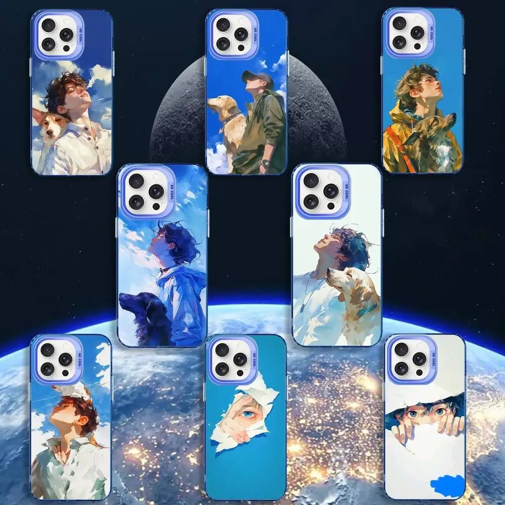 

Painting Handsome guy and pet Phone Case For iPhone 16,15,14,13,12,11,Mini,Pro,MAX Blue Matte Shockproof Cover