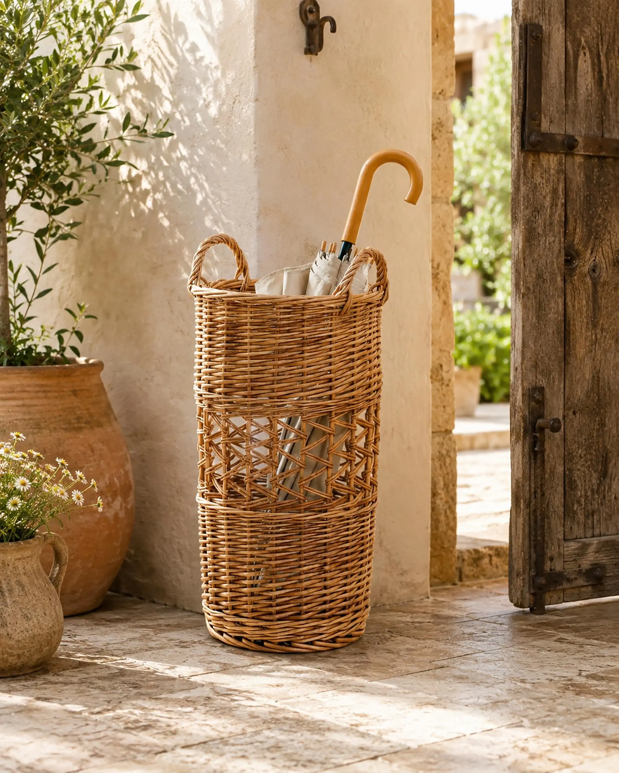 Rattan Umbrella Basket for Entryway, Wicker Flower Basket for Living Room