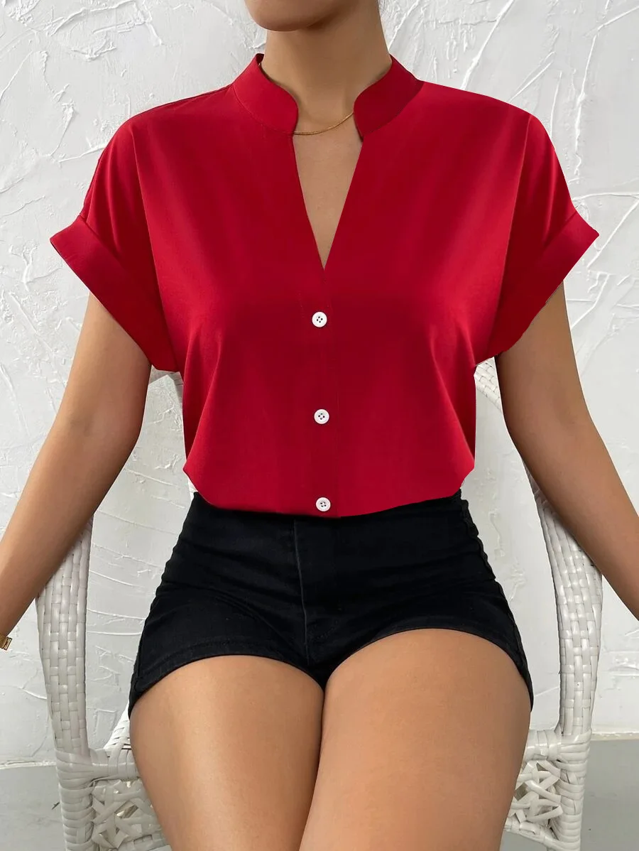 Summer New V-neck Pullover Short Sleeved Female Solid Color Casual Shirt Women\'s Clothing 2024 Button Office Lady Blouse Tops