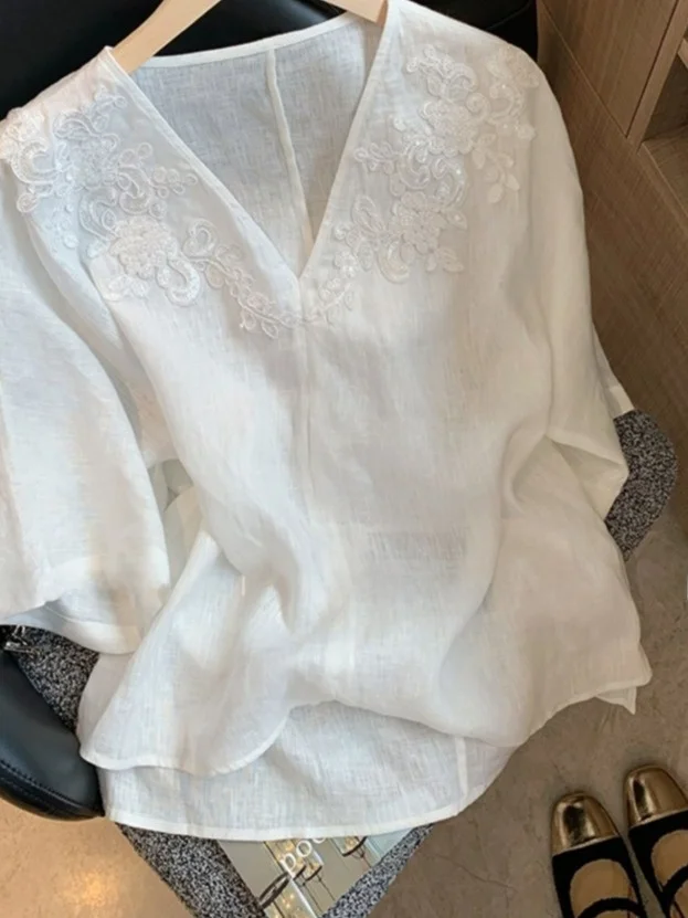 

Новый китайский льняной топ с вышивкой V-Ne ort Sve irt, женский летний топ 2025 Ele, универсальный национальный топ