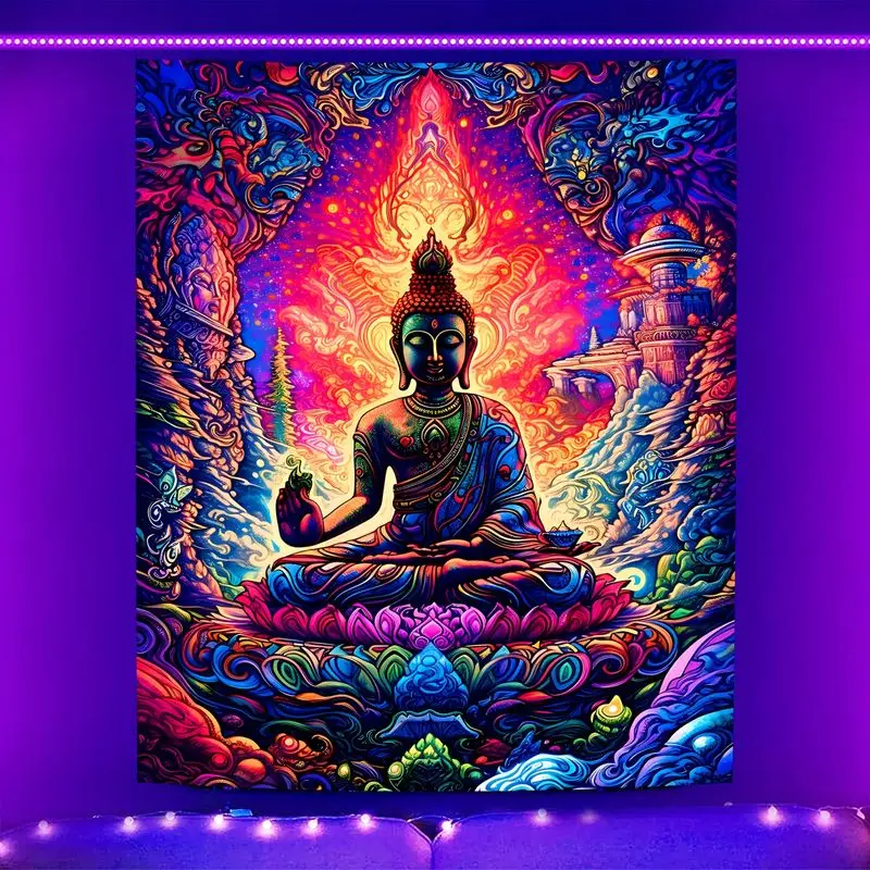 VIKAMA Blacklight Buddha Tapestry Neon Colorful Psychedelic Meditation Lotus Wall Hanging UV Spiritual Yoga Room Decor