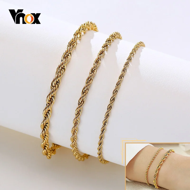 Vnox Women's Chic Rope Chain Bracelets, Anti Allergy Twisted Stainless Steel Wrist Chain, 2/3/4/5mm Width,Length Adjustable