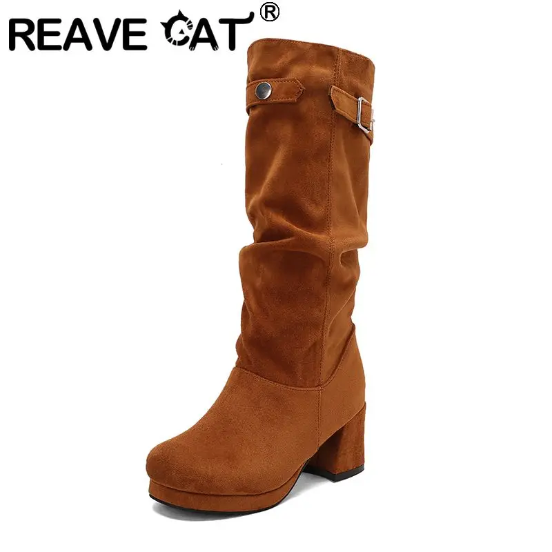 

REAVE CAT Flock Suede Female Mid Calf Boots Round Toe 6.5cm 1.5cm Platform Slip On Pleated Large Size 46 47 48 Dating Bota Red