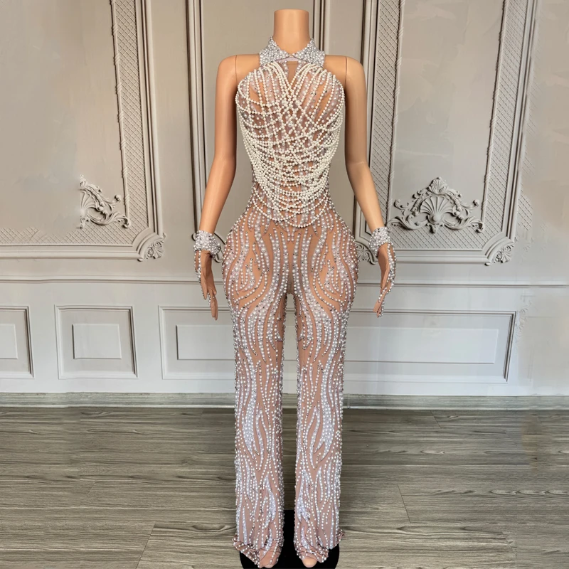 

Bar Nightclub DJ Jazz Dance Clothing Women Pearls Rhinestones Jumpsuit Halloween Rave Outfits Stage Pole Dance Costume XS10593