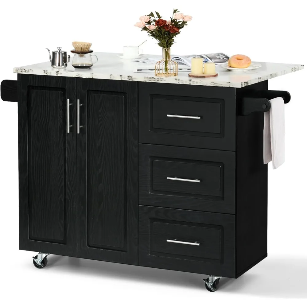 4 EVER WINNER Kitchen Island with Storage, White Marble Tabletop, Rolling Kitchen Island Cart on Wheels with Drop Leaf Breakfast