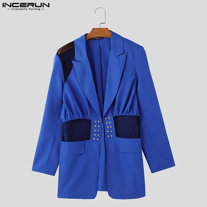 

INCERUN Men Blazer Mesh Patchwork Lapel Long Sleeve See Through Male Suit Streetwear 2025 Fashion Casual Blazer Thin Coats Men