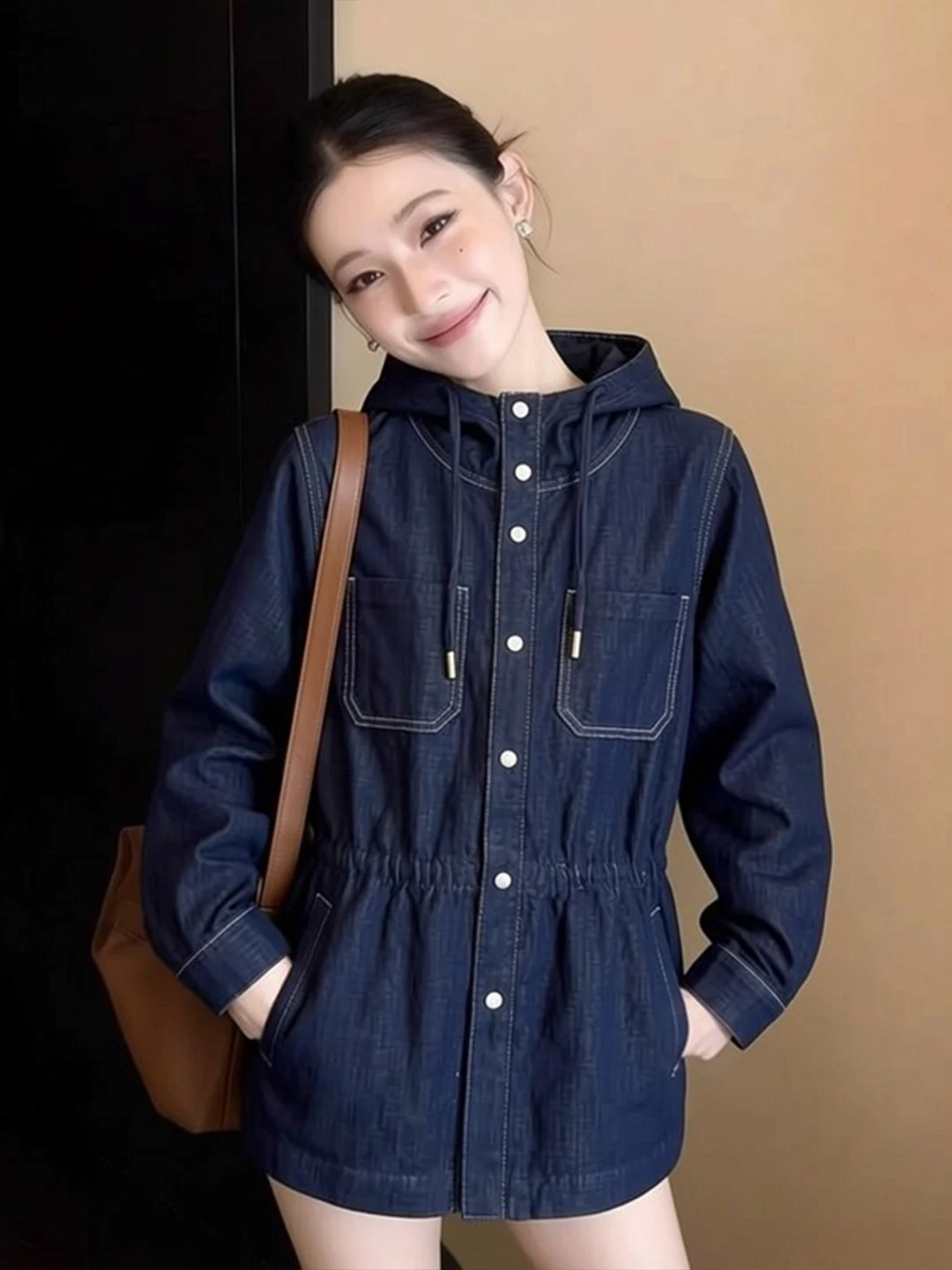 

2026 Spring Commute Sle Women's ort Coat Jaet Slimming Waist Dstring Denim Windbreaker Stand Fit Premium Feeling