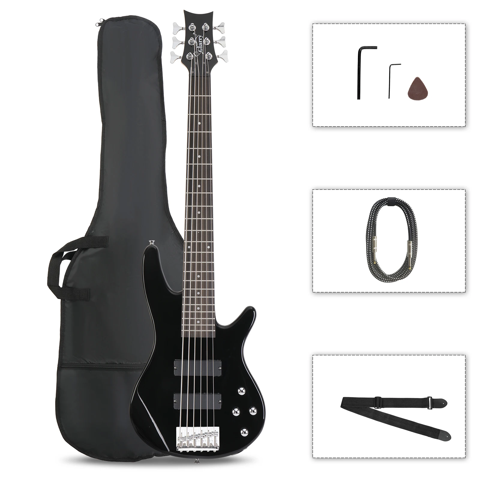 Full Size GIB 6 String H-H Pickup Electric Bass Guitar Bag Strap Pick Connector Wrench Tool Black