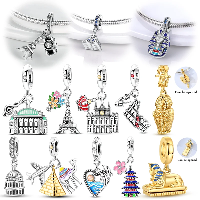925 Sterling Silver Airplane Camera Landmark Charms Bead CZ Zircon Tourism Series Dangle Fit Original Bracelet DIY Jewelry Gift