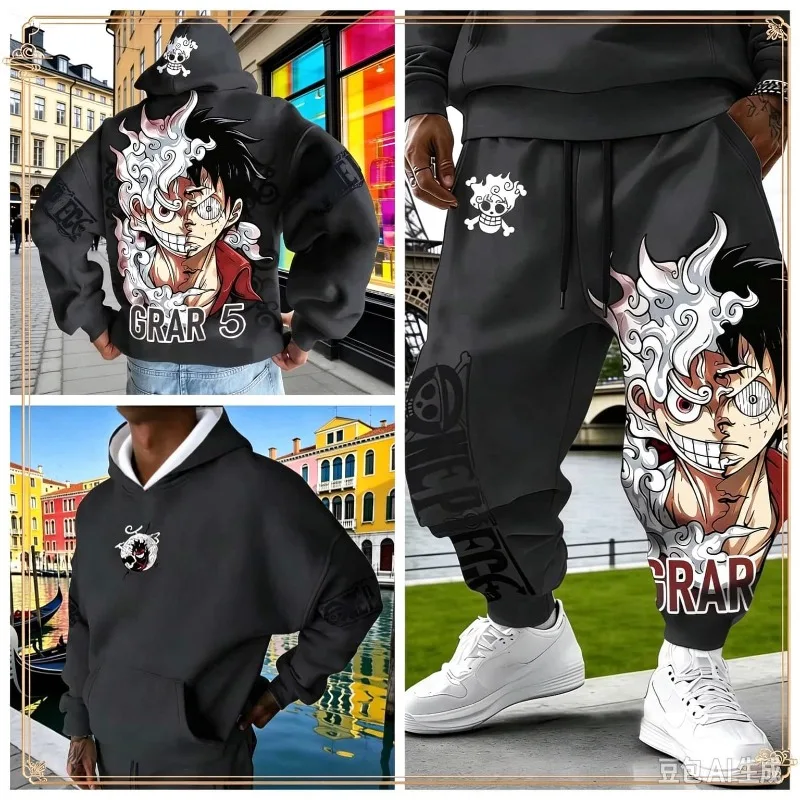 Men Anime One Piece 2 Piece Tracksuit Graphic Print Hoodie Jogger Pants Set Family Skull Print Hooded Pullover Outfit Streetwear