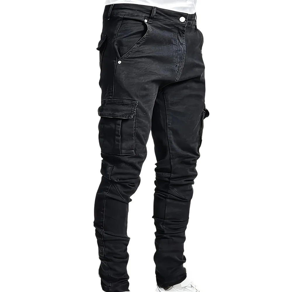 Pantalones vaqueros elásticos de calle para hombre, pantalones Cargo con múltiples bolsillos y piernas estrechas, pantalones informales ajustados para uso diario, pantalones para correr de cintura media