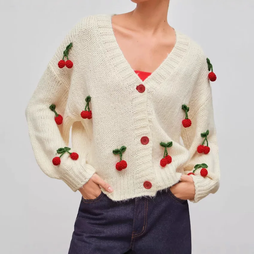 Autumn and Winter V-neck Sweater Versatile Cardigan Loose Trend Cherry Decoration Single-breasted Knitted Jacket Top Women