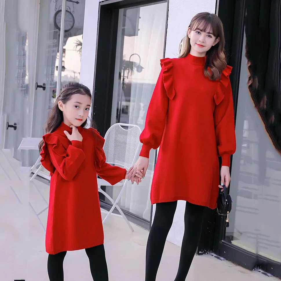 

2024 New Mommy and Me Clothing Christmas Knitted Long Sleeve Costumes New Parent-child Dresses Family Matching Outfits Clothes