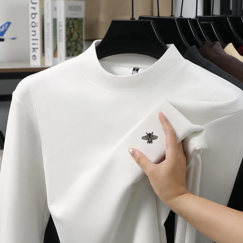 

High Grade Luxury Men's T-Shirt Mock Neck Bee Embroidery Long Sleeve Velvet Fleece Pullover Autumn Fashion Base Shirt Menswear