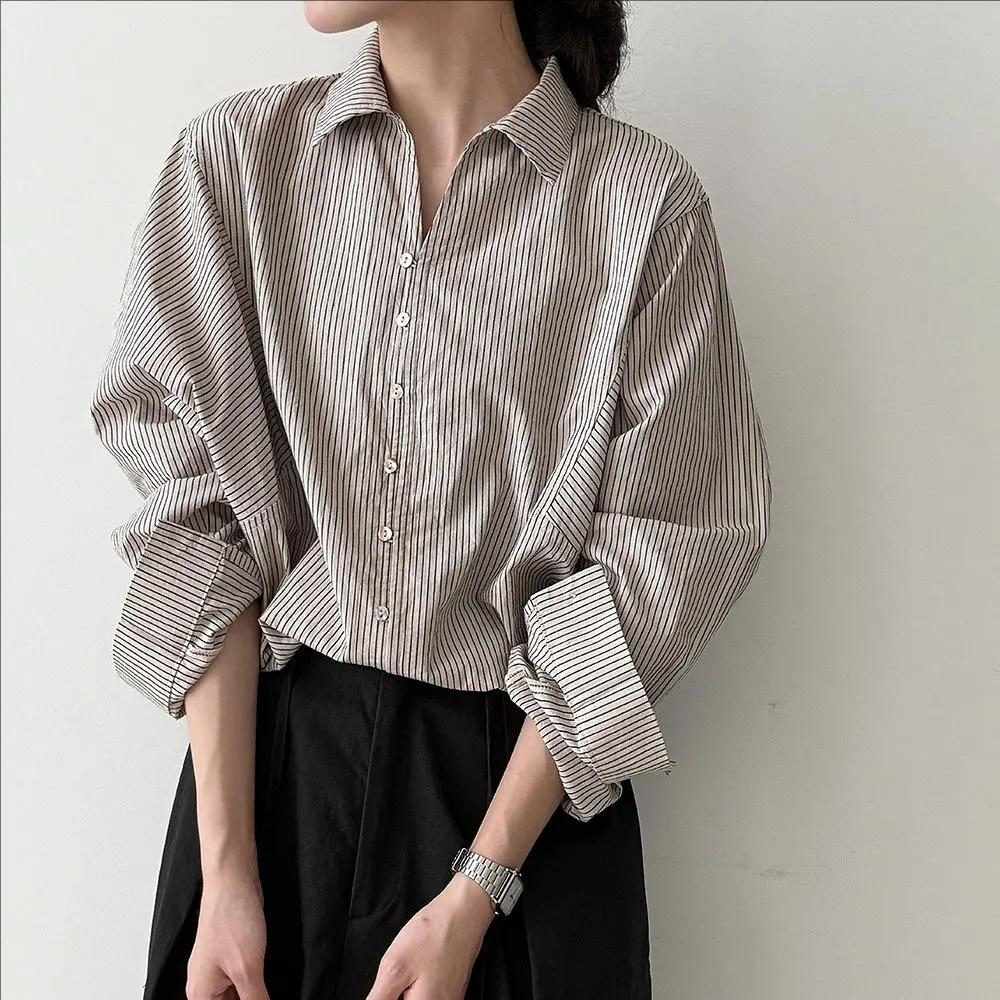 

Осенняя женская одежда, новинка 2025 года, повседневная полосатая рубашка с длинными рукавами и лацканами