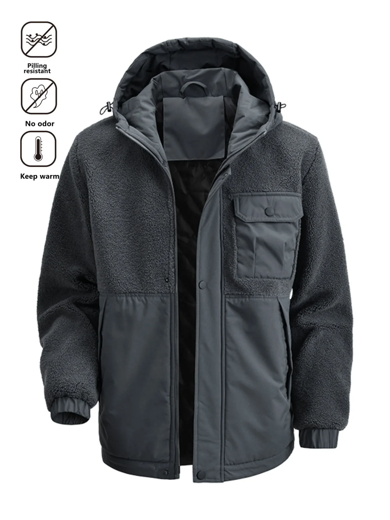 Outono e inverno quente jaqueta espessada para homem, 2025 nova jaqueta casual de retalhos de lã com capuz, casaco superior de inverno