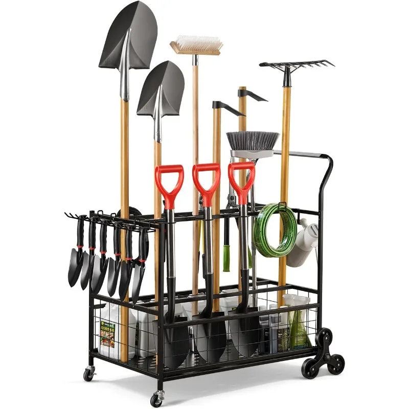 

-Duty Garden Tool Organizer for Garage with 2 Stair-Climbing Wheels, Lawn & Yard Tool Storage Rack, Garage Tool Cart with L