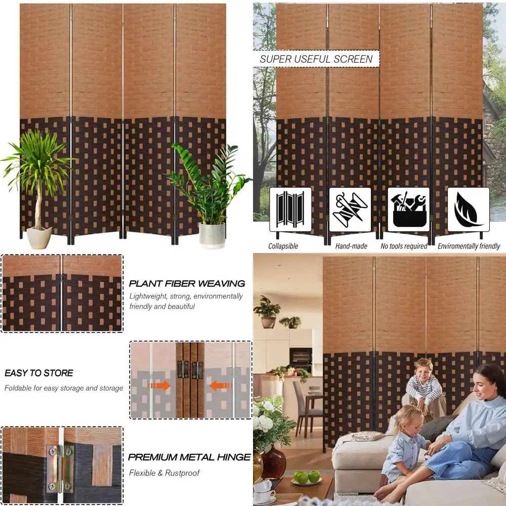 

Wooden 6FT Folding Room Divider with 4 Panels, Hand-Woven Mesh Design, Portable Indoor Partition for Privacy