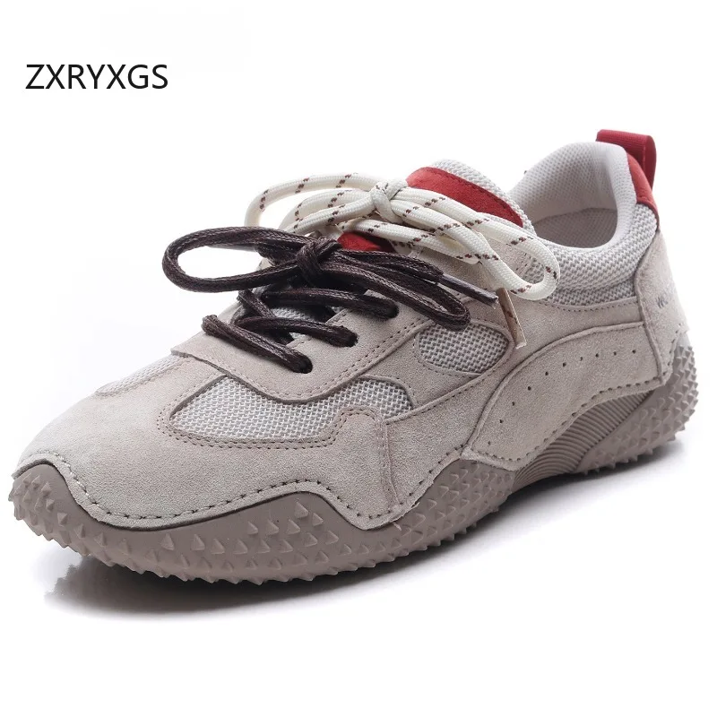 ZXRYXGS Genuine Leather Mesh Splicing Spell Color Women Trendy Sneaker 2025 Autumn Temperament Light Soft Sole Travel Shoes Flat
