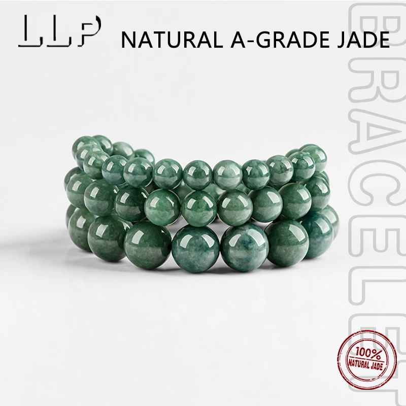 Natural Jade Dark Green Round Beads Elastic Bracelet Transfer Jewelry For Men And Women Amulet Mascot Holiday Gift